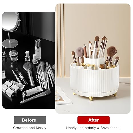 Makeup Brush Holder Organizer,360° Rotating Makeup Brush Organizer,5 Slot Make up Brushes Cup for Cosmetics, Nail Polish, Art Supply, Bathroom Vanity Desktop Organizer - White - Image 3