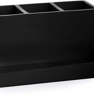 BINO Multi Purpose 3 Compartment Organizer with Tray - Makeup Brush Holder Makeup Brush Organizer Holder Makeup Holder Organizer Toothbrush Holder Marble Bathroom Accessories (Matte Black)